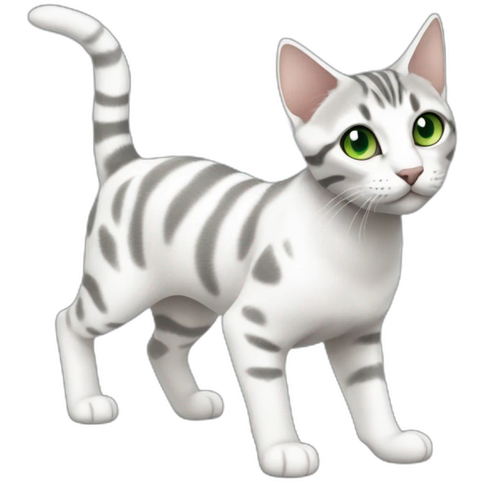 light white and grey domestic shorthair tabby with green and blue eyes black pupils, walking and playing emoji