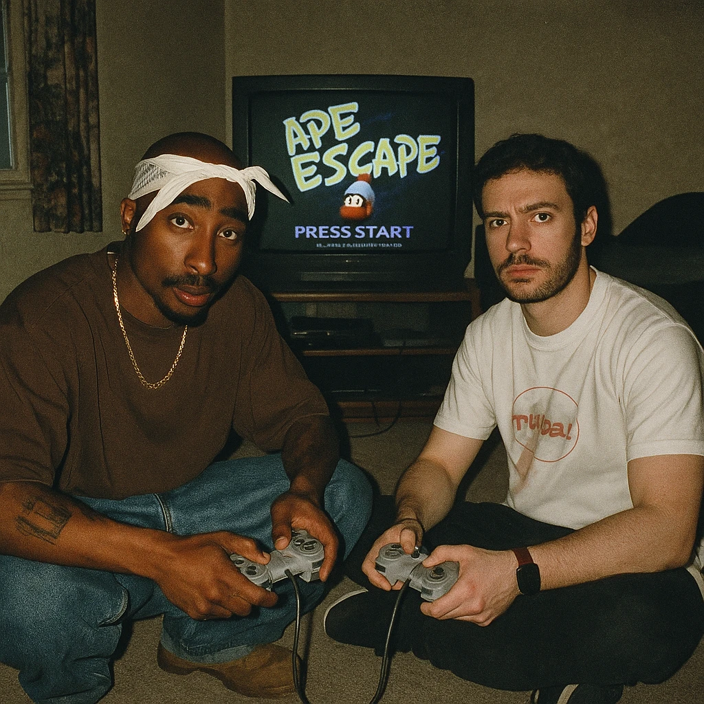 Create a grungy analog photo in 1999 style featuring a famous rapper (in the style of Tupac but not recognizable) and the boy from the reference photo sitting on the floor of a dimly lit bedroom. They are in front of a 90s CRT TV showing Ape Escape on Playstation 1. Both hold Playstation 1 controllers and look towards the camera with a flash photo being taken. The atmosphere is analog, grunge, unmodified, with the game visible on the screen in the background. emoji