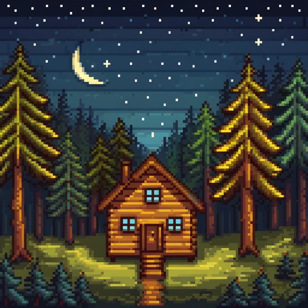 wooden house in a pine forest at night with stars in the sky emoji