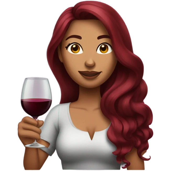Tanned woman with long burgundy hair drinking wine and big eyelashes emoji