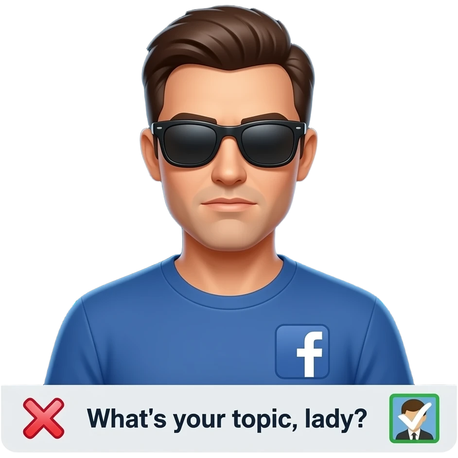 A informal man with sunglasses, glowing digital, symbols on the around, a left side Facebook logo, on the left shoulder, looking at viewer, a serious. Text on below banner: 'What's your topic, lady?' shimmering a red x cross and a green check icons emoji