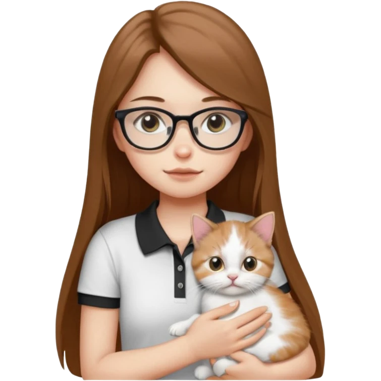 a girl with long brown straight hair, in a white a black polo t-shirt, with eyeglasses hugs a persian kitten 3 months old had a half spot black on her face and white one cat. emoji | AI Emoji Generator emoji