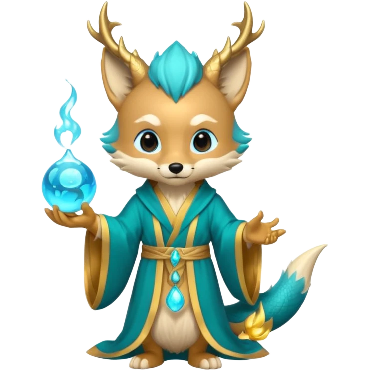 Chibi teal fox with gold mark on forehead, teal-gold robe, holding glowing blue water orbs, with dragon tail on its backside with small antler horns on its head emoji