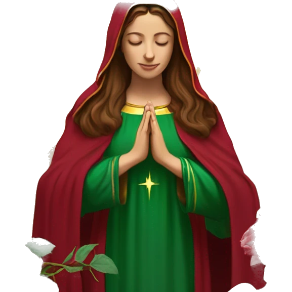 Virgin Mary: kind face looking down at the left, long brown hair, Wearing an emerald green  robe with gold stars and a burgundy red dress,  Hands in prayer or blessing. Halo around her head. standing in front of a big sun. colorful roses on the sides  emoji