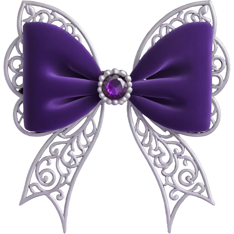3D emoji gothic bow, black velvet with silver filigree and a dark amethyst gem emoji