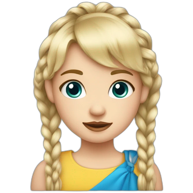 Niña rubia con flequillo, pelo por encima del hombro con trenza en un lado. Ojos azules emoji