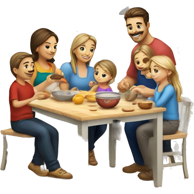 Caucasian family of 8 members preparing breakfast at kitchen  emoji