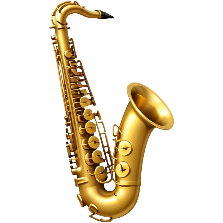 Create a sleek and sophisticated emoji representing a saxophone. The design should feature the shiny, golden body of the saxophone, with its smooth curves and metal keys clearly visible. Include subtle details like the mouthpiece with the reed and the bell at the end of the instrument. The keys should be delicately arranged, capturing the intricacy of the instrument. Use warm golden tones for the saxophone and add small musical notes floating around to evoke the smooth, soulful sound of the saxophone. The background should be transparent. emoji