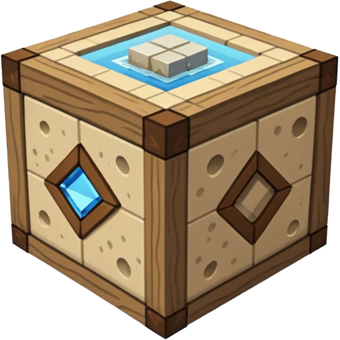 crafting table with tools, stone, wood, glass, sand, ... like a minecraft style cube crafting table  emoji
