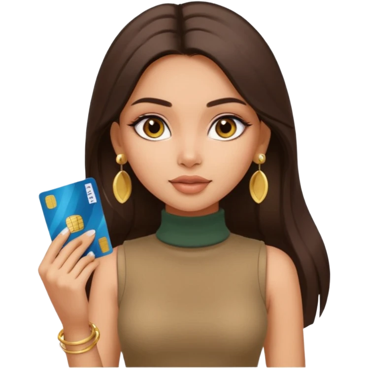 a pretty bratz fair indian girl wearing a beige sleeveless turtleneck, golden earrings, straight ling hair, holding bank cards, dark brown hair emoji