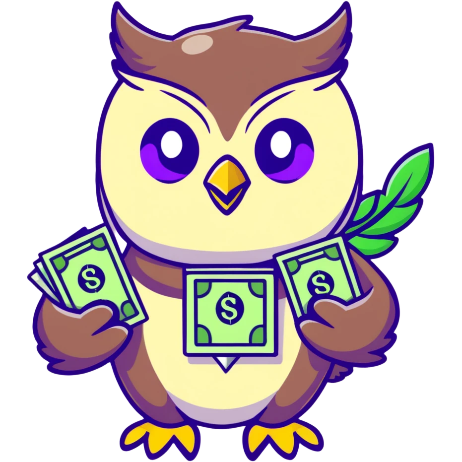 cute owl character symbolizing wealth luck, large green eyes, sparkling golden feathers, holding a money pouch in its feet, pastel tones, charming sticker style emoji