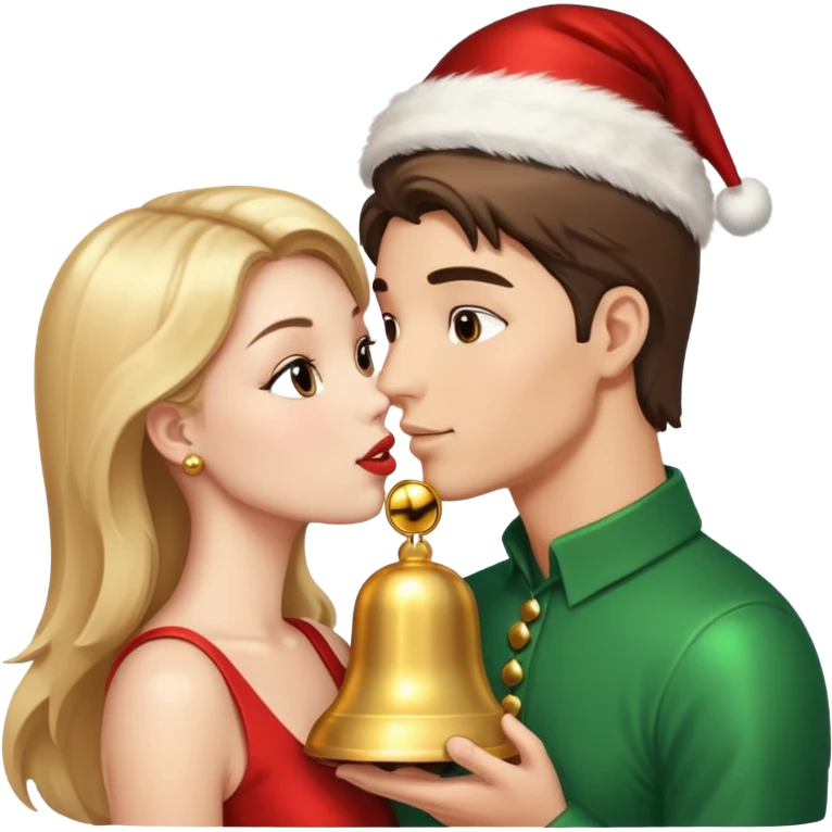 a handsome man and a pretty woman kiss Christmas bell emoji