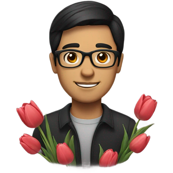 A man with glasses and black hair holding tulips emoji
