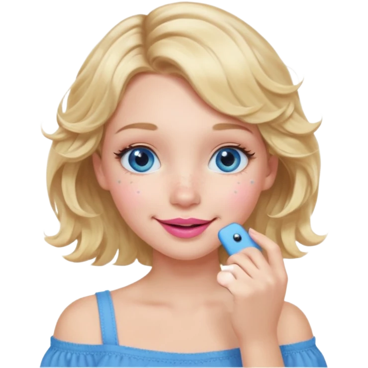 Girl Blonde short wavy hair,  blue eyes, cute blue top, long lashes, pink lips, smiling, hand over the mouth emoji
