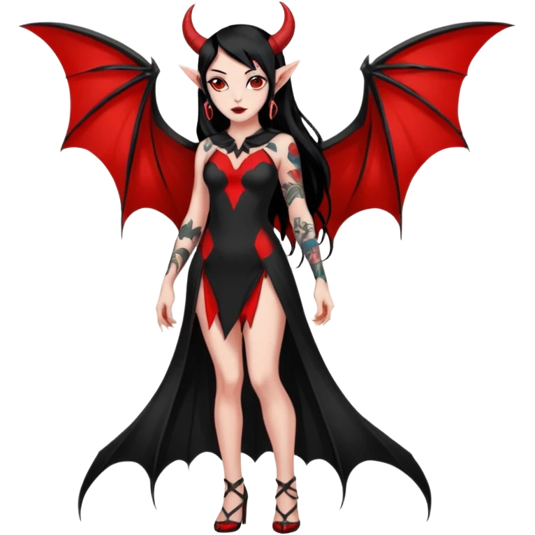 Full red-skin demon girl (entire body red), long black hair, small red horns, pointed ears, single bat wing, black open-back dress, bold tattoo-flash comic linework, red/black/gray, dark background, no text. emoji