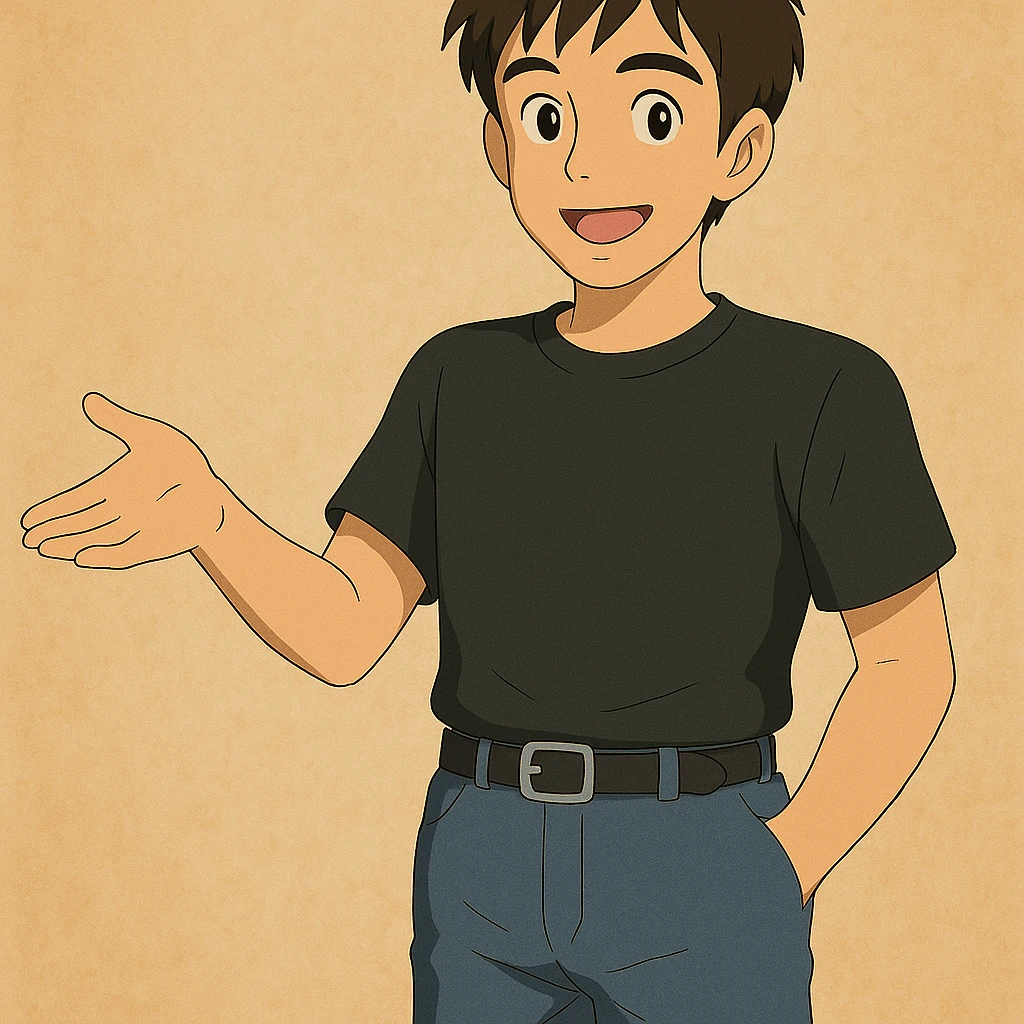 Edit the Ghibli style man to keep the same outfit and appearance, gesturing with one arm as if welcoming someone, with a friendly expression. emoji