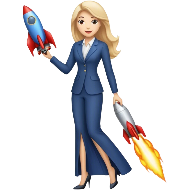 a businesswoman riding a rocket. the rocket looks exactly like the ios rocket emoji. the woman is wearing long dress pants  emoji