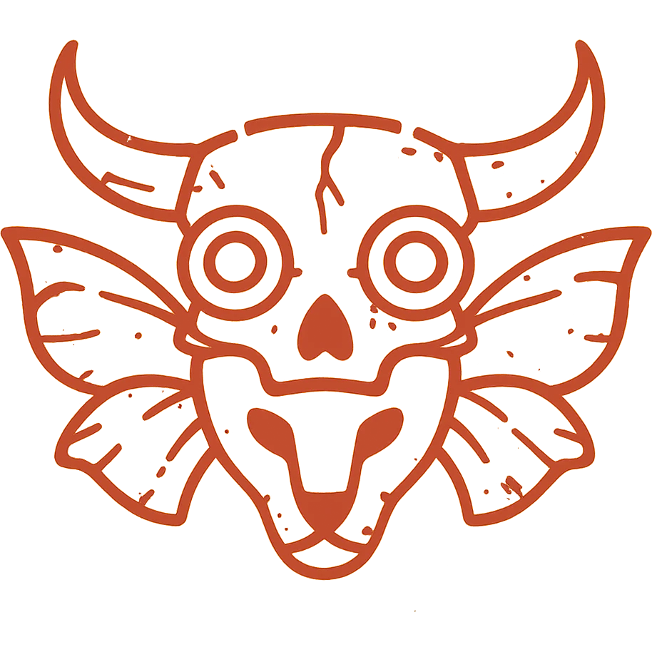 a minimalist red line art icon of only a terrifying fused head with minotaur skull horns, stoat face structure, frog eyes, and moth wings growing from the sides of the skull, transparent middle, extremely weathered and scratched appearance with deliberately missing sections, torn edges, and smudged lines, sparse red elements only emoji
