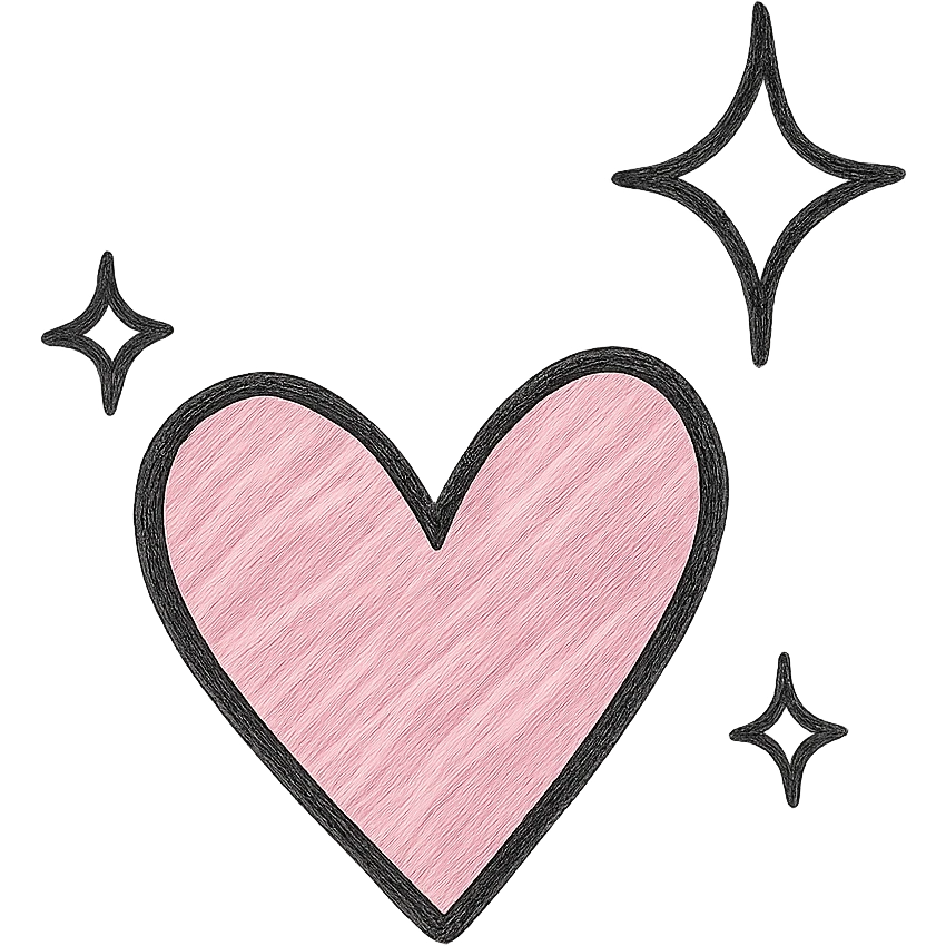 Add a sparkle effect to the pink hand drawn heart, keep the black outline style, with a clean white background. emoji