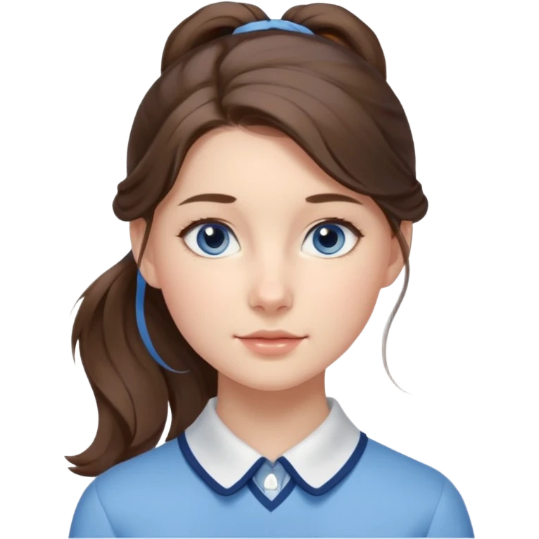 Realistic Student Portrait, with porcelain-like skin featuring a natural rosy flush, illuminated by soft lighting that highlights the gentle contours of her face. Her Brunette pony tail hair flows in soft, Her deep blue eyes radiate warmth and innocence,  wear light blue preppy style. emoji