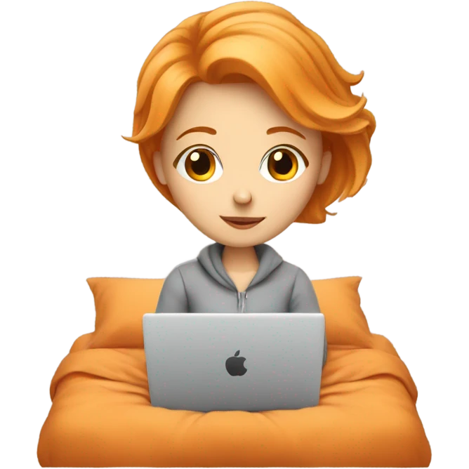 Orange haired white girl working on a laptop in a cozy bed emoji