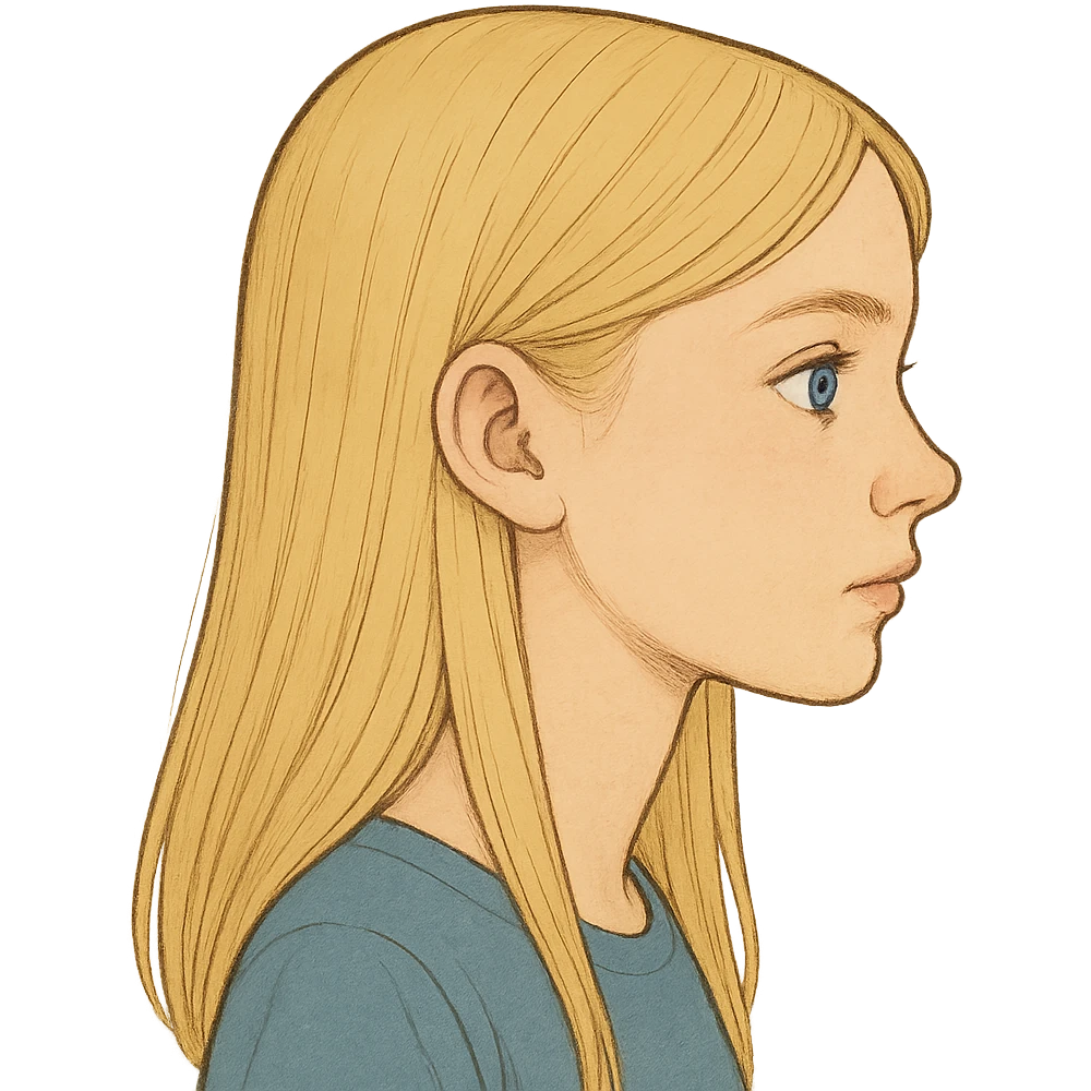 blonde girl with blue eyes, straight hair, side profile, general illustration style emoji