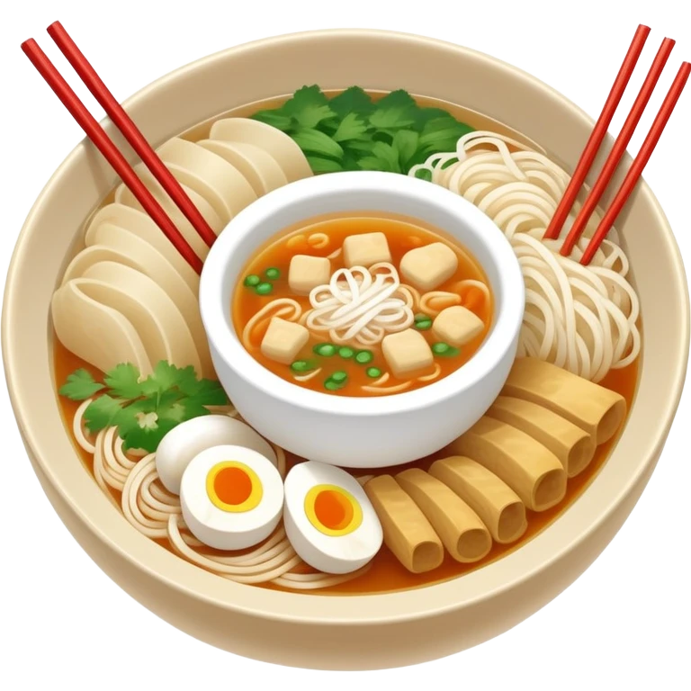 Yunnan Crossing the Bridge Rice Noodles with separate ingredients and hot broth, simplified emoji style with bold outlines and bright colors, cartoon style traditional Guo Qiao Mi Xian emoji