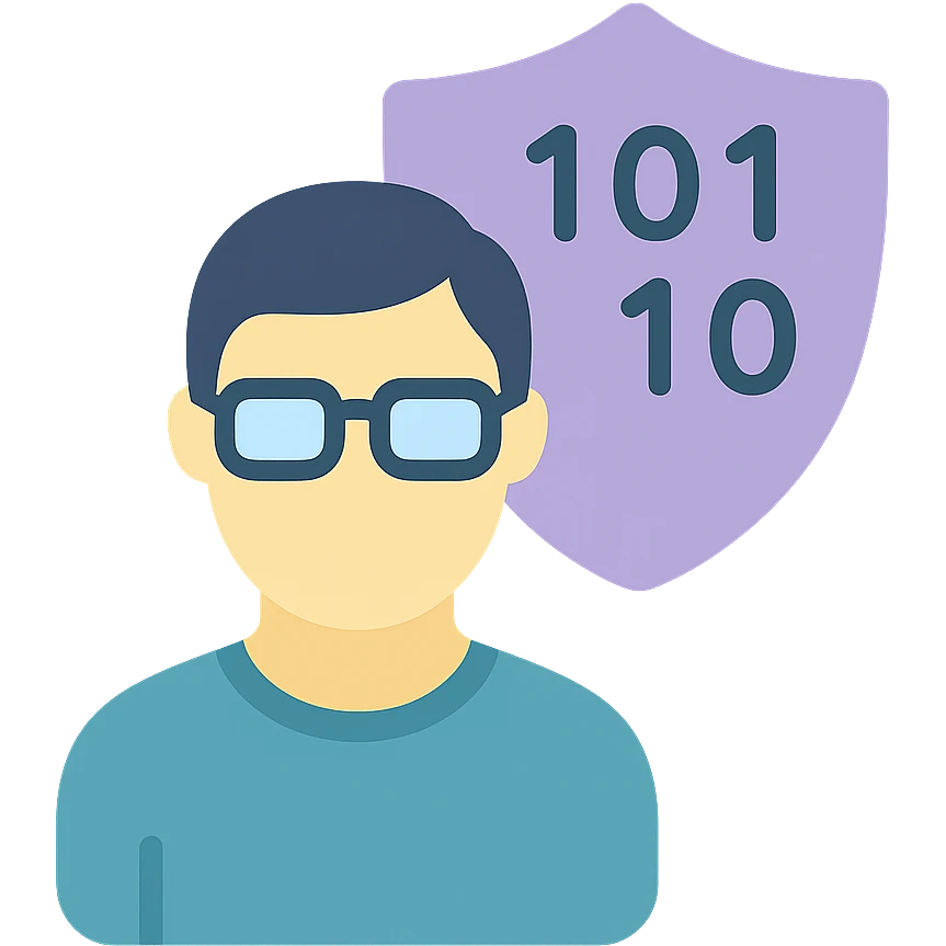 person with glasses in front of a shield and binary code, clean lines, professional, for a cybersecurity expert emoji