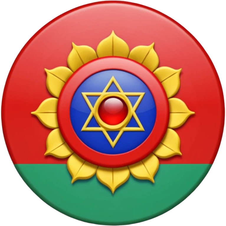Drapeau avec deux parties coupés à l'horizontale partie du bas verte et celle du haut bleu, une roue des 16 chakra rouge est en plein centre c'est le drapeau de roms emoji