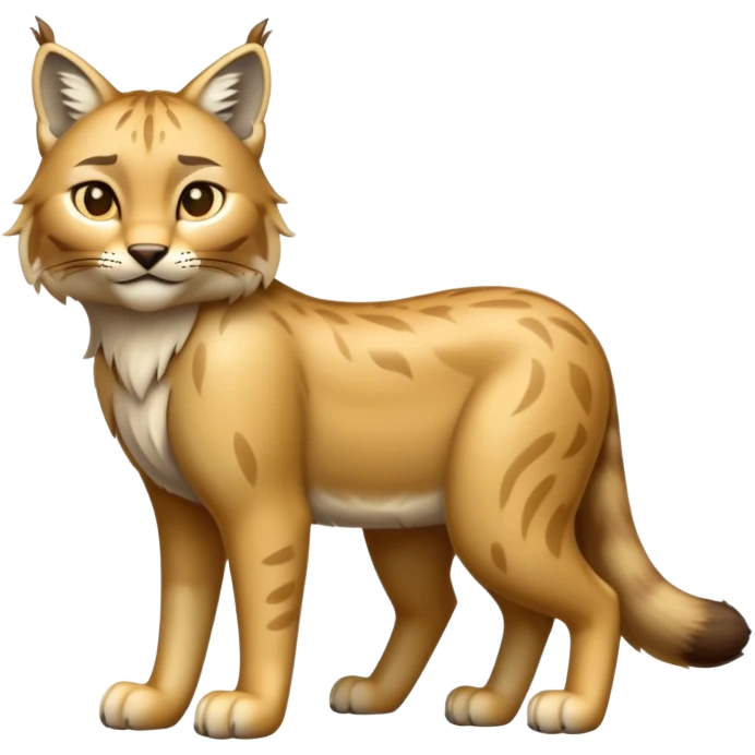 Cinematic-Lynx-Realistic-Full-Body-Standing on all fours-Emoji – Tail flicking slightly, head tilted dramatically, powerful yet sleek frame covered in soft golden-brown fur with faint spotting, long legs and large paws poised elegantly, simplified yet realistic focused features, highly detailed, glowing with an almost sarcastic glow. emoji
