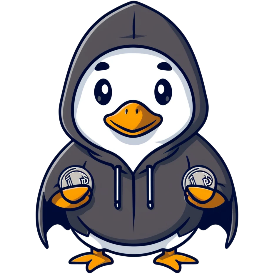A cool duck wearing a black hooded cloak holding a silver coin emoji