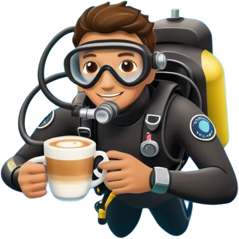 A cheerful scuba diver in full gear, holding a steaming cup of cappuccino with foam art, underwater bubbles floating around, vibrant coral reef in the background, cartoonish style, bright colors, playful mood. emoji