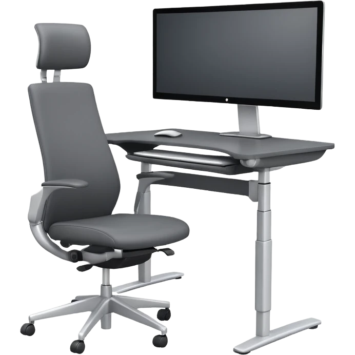 3D minimal icon of a wide height-adjustable motion desk with dual monitors and a modern ergonomic office chair, with a subtle accent in #FF3D00. Clean and high-end style. emoji