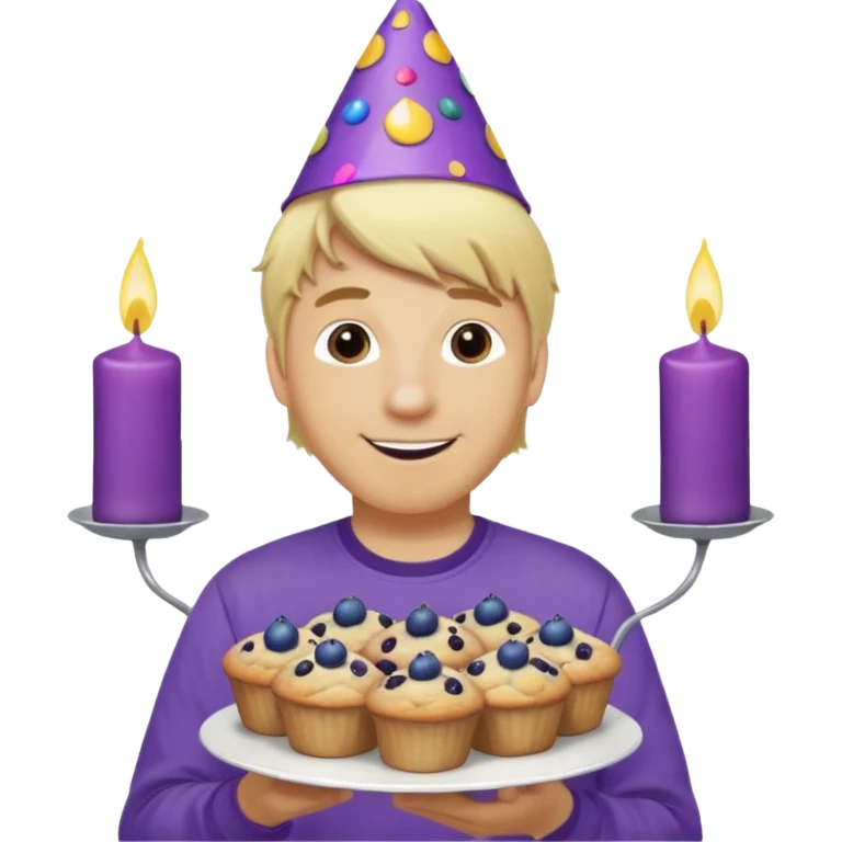 Man with blonde hair wearing purple shirt and a party hat holding several blueberry muffins either candles in them  emoji
