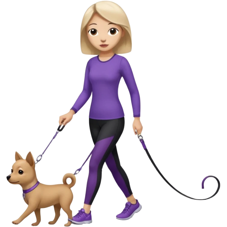 Chinese woman wearing purple top and black leggings walking 1 small brown dog emoji