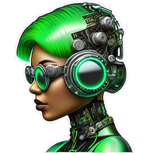 Neon green bobbed hair Latina female cyborg head with silver steampunk goggles and circuits emoji