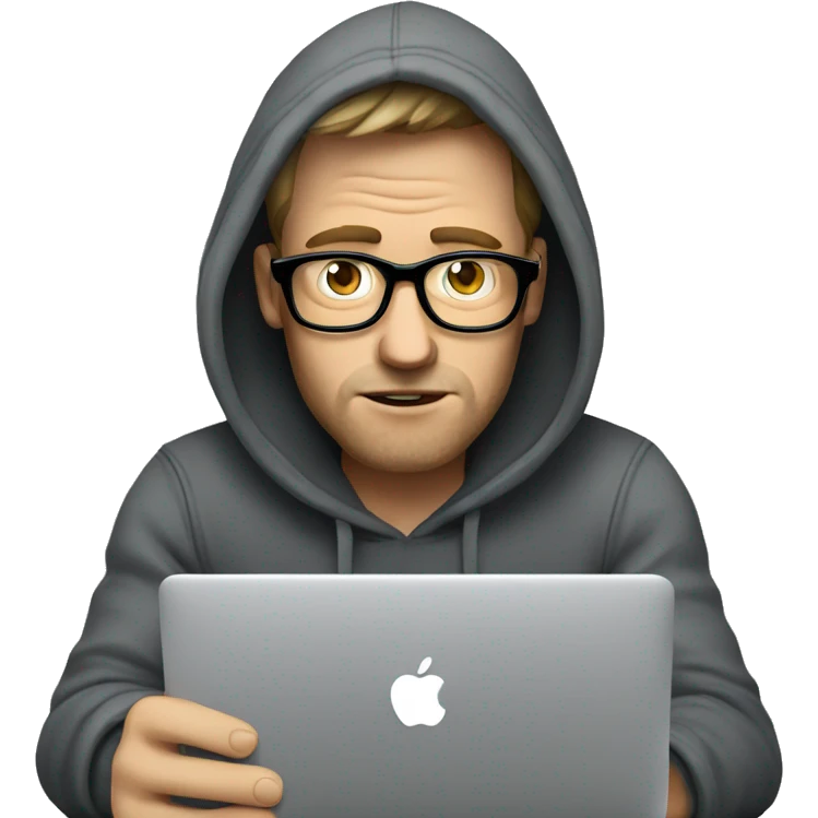 stressed out white guy with glasses wearing a hoodie drinking coffee and holding a macbook emoji