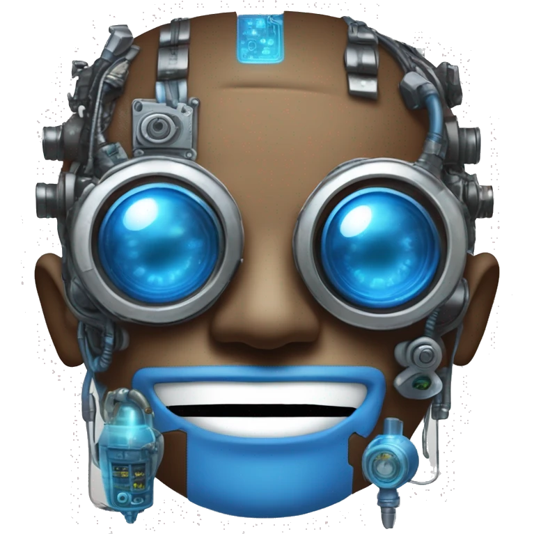 Brown cyborg head with blue Mohawk, blue beard, silver steampunk monocle goggles a smile and circuits emoji