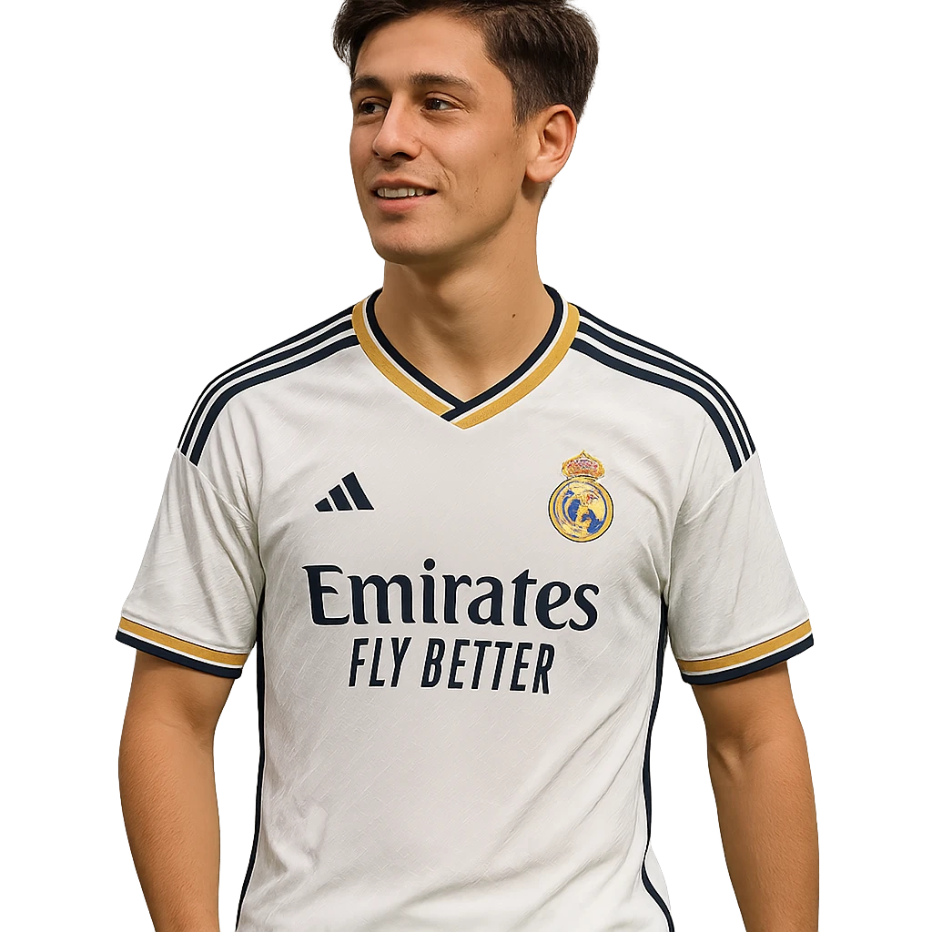 a person wearing a Real Madrid jersey, resembling Arda Güler, in a natural pose, no background emoji