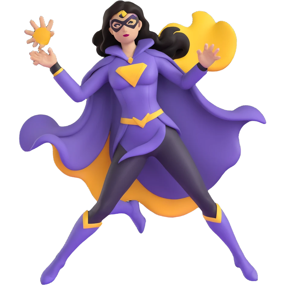 female superhero in a soft purple and black suit, magic swirling from hand emoji