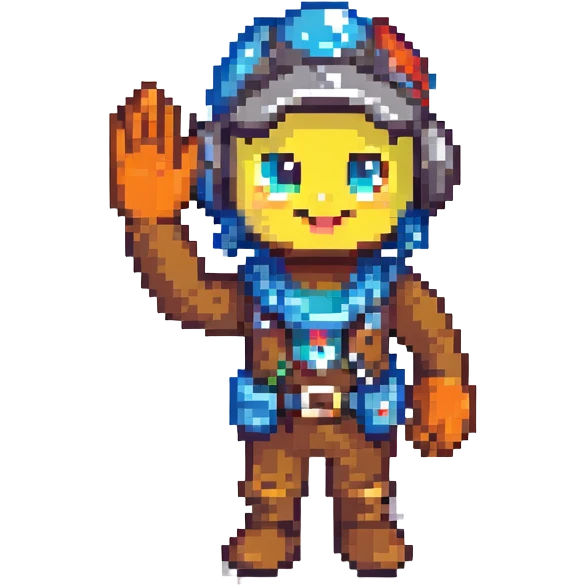 pixel art of a friendly developer mascot waving, with a background of code and UI elements emoji