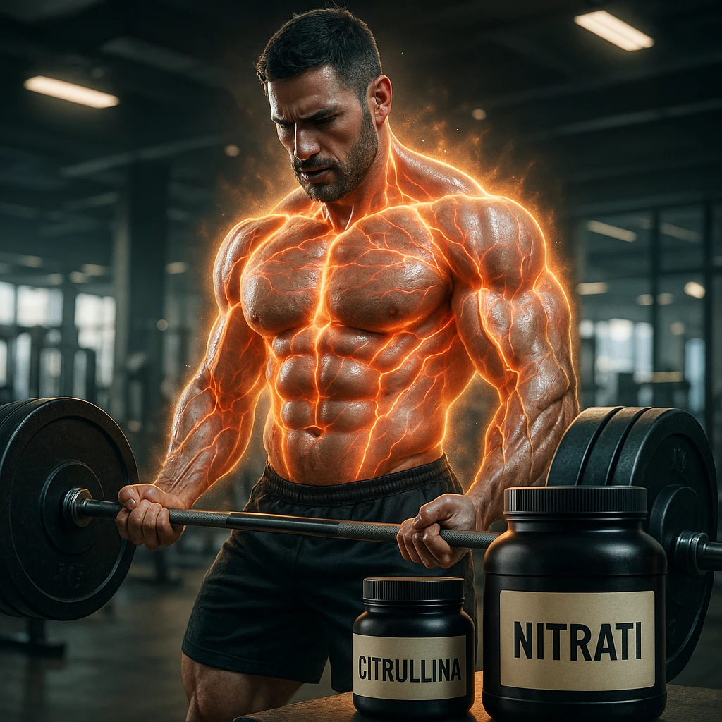 medium build bodybuilder lifting weights, glowing aura highlighting blood flow in muscles, jars of Citrulline and Nitrates with Italian labels in foreground, modern gym environment, powerful atmosphere, realistic details emoji