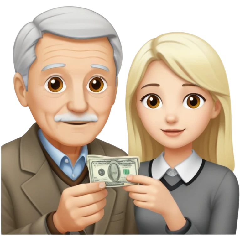 Kind elderly grandfather with gray hair giving money to a pretty blonde young woman who needs financial help, hot emoji