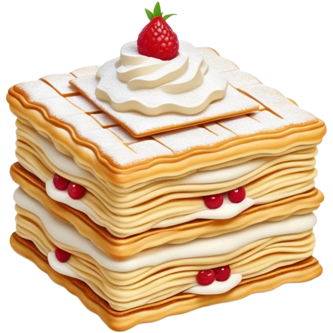 Cinematic Realistic Mille-Feuille Dessert Emoji, depicted as layered puff pastry with rich cream and a dusting of powdered sugar rendered with intricate textures and elegant, soft lighting. emoji