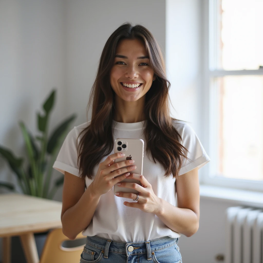 realistic PNG image of a woman with long straight dark brown-black hair holding an iPhone recording a TikTok video smiling slightly dressed in a t-shirt and jeans in a modern room transparent background emoji