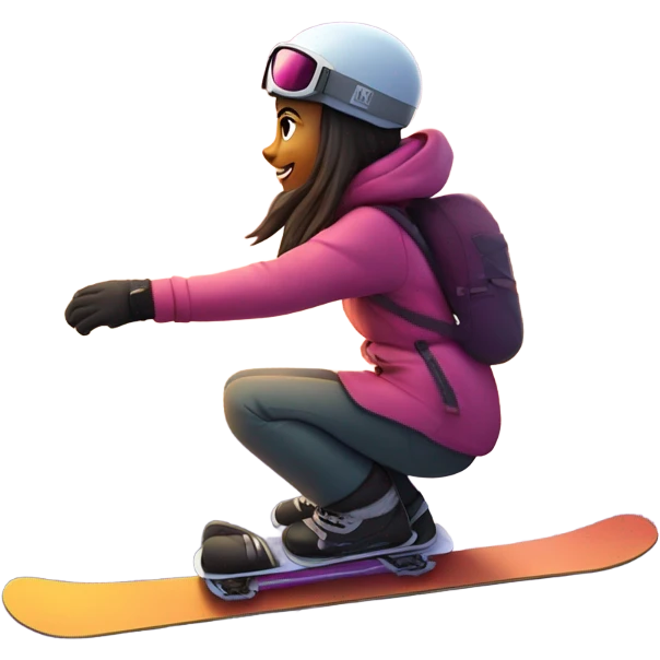 a girl snowboarding down a mountain with a sunset and skilift in the backround emoji