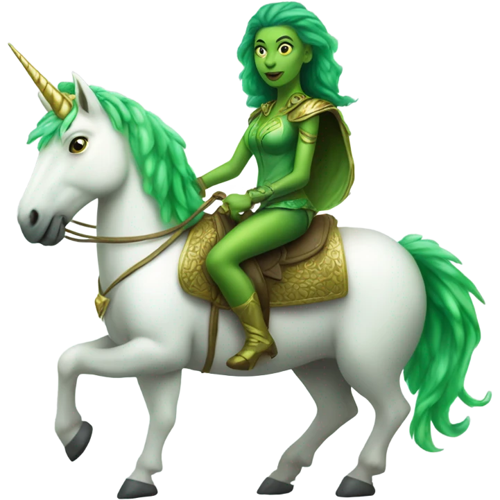 a green amazon alien woman on a four-legged white unicorn emoji