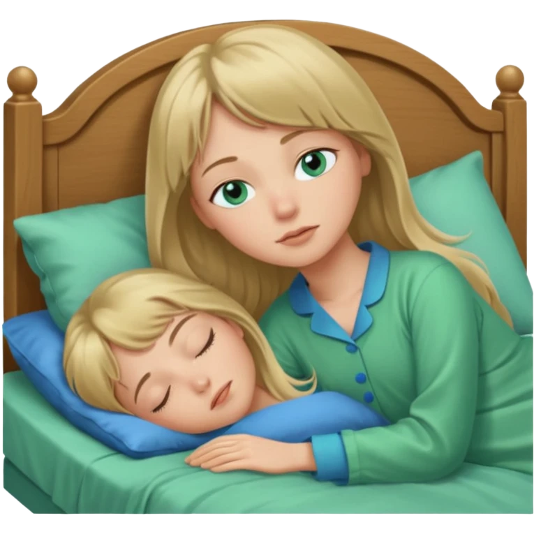 Woman with blue eyes and long dark blond hair and a bang, sleeping in bed  with green pyjama emoji