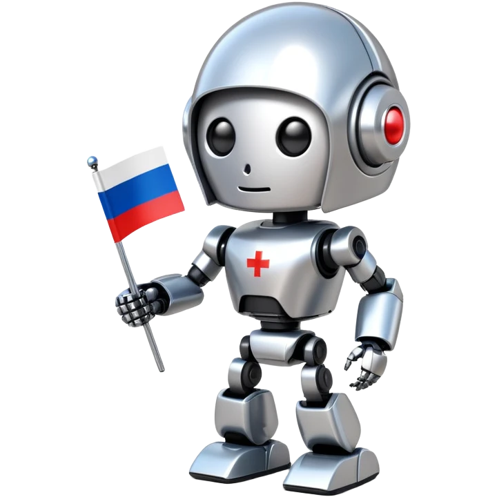 Futuristic Putin-like robot holding a small Russian flag emoji