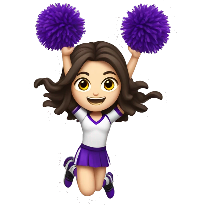 Caucasian cheerleader with long dark brown hair, jumping and holding up two purple Pom poms, small full body emoji emoji